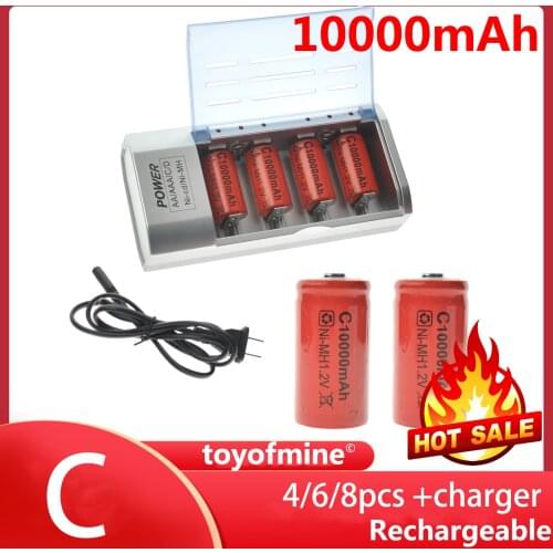 4/6/8pcs C Size D Size 9V Ni-MH Rechargeable battery + Charger 10000/13000mAh LCD + Batteries EBL Battery C D Size with US Plug
