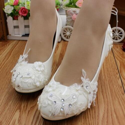 White lace crystal wedding shoes woman HS062 female round toes platforms high heeled butterfly romantic bridal pumps dress shoes