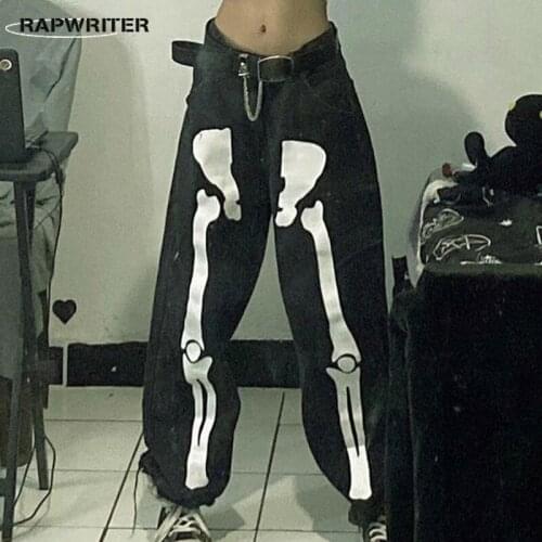 Rapwriter Y2K Printed Denim Pants Gothic Black Jeans Pants Trendy High Waist Loose Cargo Pants Women Hip Hop Streetwear Fashion