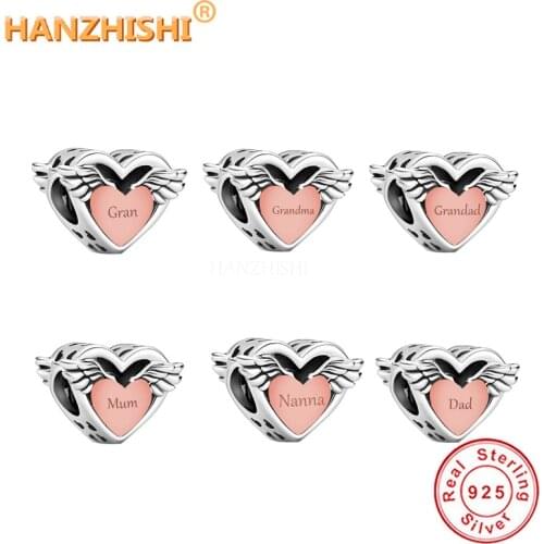 New 925 Sterling Silver Nanna Dad Grandma Grandad Mum Gran Heart Charms Beads Fits Original Pandora Bracelet DIY Jewelry Making