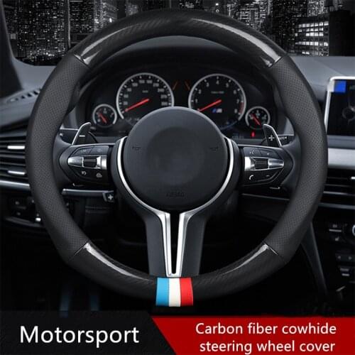 Carbon Fiber Cowhide Car Steering Wheel Cover 38CM Non-slip Wear-resistant Sweat Absorbing Fashion Sports Steering Wheel Cover