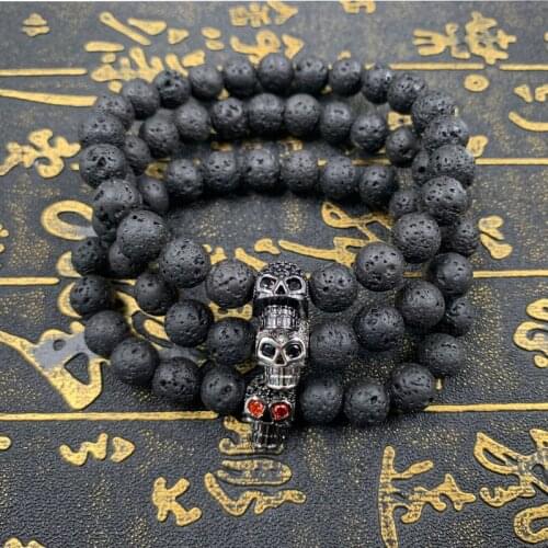 DUTRIEUX 2021 Classic Skull Men Bracelet Pave Cubic Zirconia Vintage 8mm Lava Stone Strand Punk Bracelet for Men Jewelry Gift