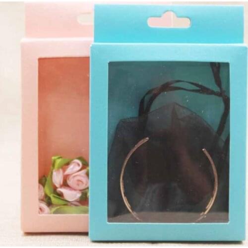 DIY blank paper jewelry box package with clear pvc windwon.Pink/blue cute products display box hanger box 10pcs per lot 14*9cm