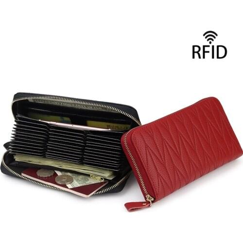 RFID Protecting Card Wallet Genuine Leather Long Style Women Wallet Large Capacity Unisex Multifunction Zipper Purses
