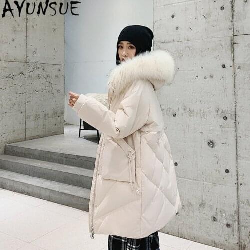 AYUNSUE Womens Jacket Winter 90% White Duck Down Jackets Woman Natural Raccoon Fur Collar Hooded Parkas Long Coats Casaco TN212