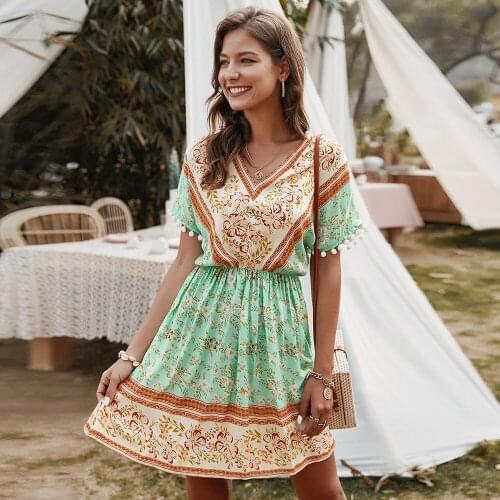 Summer Short Print Dress Women A-line Cotton Bohemian V-Neck High Waist Mid-Calf Dresses 2021 New Arrivals Green Mini Vestidos