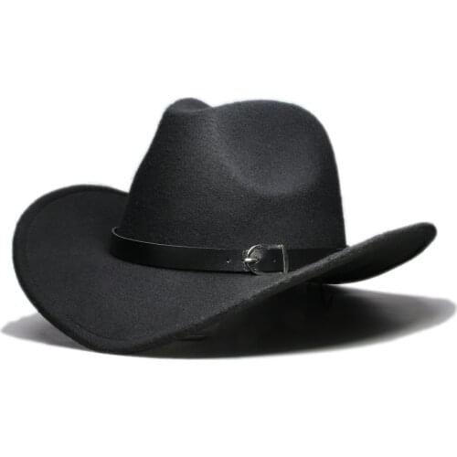 LUCKYLIANJI Men Women Unisex Country Cowboy Western Leather Band Hat Fedora Trilby Wool Felt Jazz Chapeu Cap (One Size:57cm)