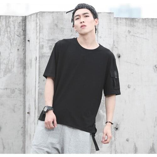 SILENSTORM Techwear Mens Black Sleeve Pocket Cotton T-shirt Web Decoration Tee Hip Hop Style Punk Fashion