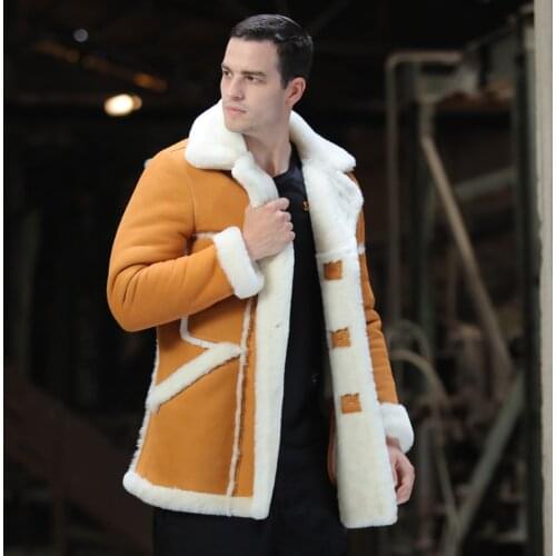 Denny&Dora Mens Sheepskin Shearling Jacket B3 B7 Leather Jacket Fur Coat Ginger Yellow White Wool Military Long
