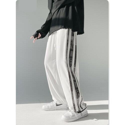 Mens Sweatpants Summer Thin Casual Joggers Mens Ins Loose Straight Drape Wide-leg Pants Down Side Striped Printed Trousers