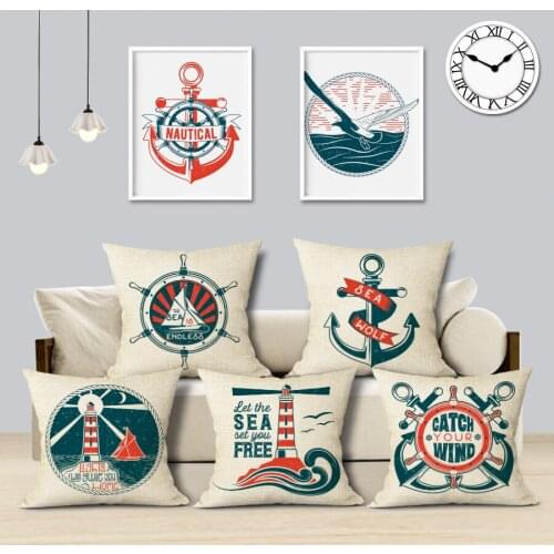 Navigation Navy Anchor Cushion Cover Sea Lighthouse Seagull Decorative Pillows Cover Linen Home Cojines Decorativos Para Sofa