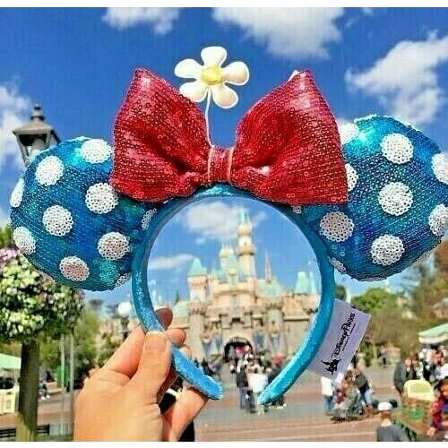 New Teal Polka Dot Minnie Ears Sequin Headband Hat with Flower cosplay