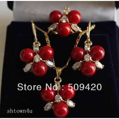 Wholesale>>>Beautiful bride wedding red Shell Pearl White Crystal Pendant Earring Ring