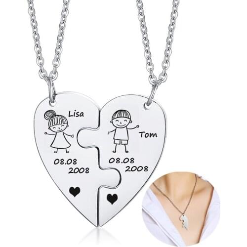 Jigsaw Puzzle Heart Pendant Custom Name Date Couple Necklace Stainless Steel Jewelry For Friendship Girlfriends Gift