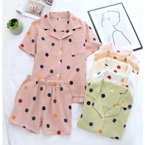 Polka dot cotton washed crepe pajamas ladies summer yarn cardigan short-sleeved suit thin style night wear huispak vrouwen