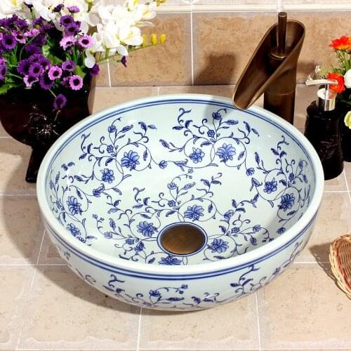 Europe style blue and white rose Jingdezhen Art Counter Top ceramic lavabo sink Bathroom sink round ceramic basin counter top