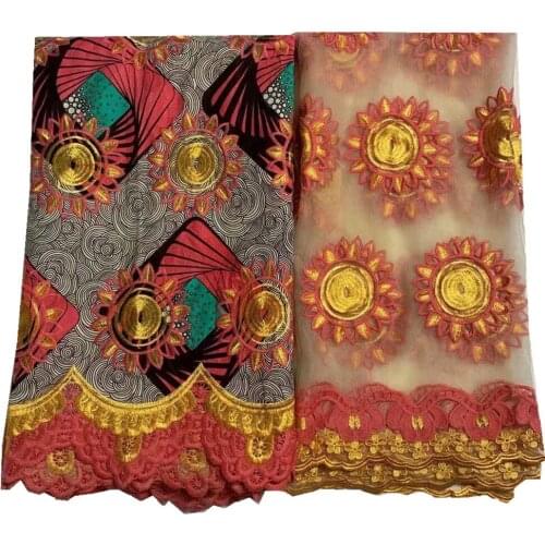 SJ Lace African Ankara Wax Prints Fabric Veritable Wax 2021 High Quality 6+2 Yards African Guipure Lace Fabric Net Lace d5-57