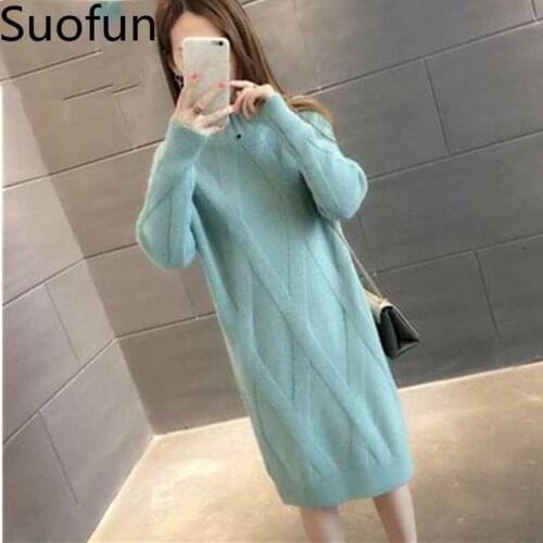 Suofun Casual Long Sleeve Thick Solid 2021 New Autumn Winter Womens Sweater Pullovers Female Knitted Ladies Sweater Dress