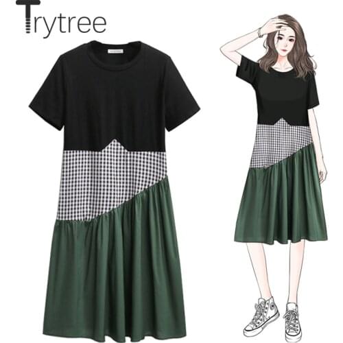 Trytree 2021 Summer Womens Dresses Casual O-Neck Cotton Blend Plaid Patchwork A-line Pleated Hem Dress Oversize Loose Fashion