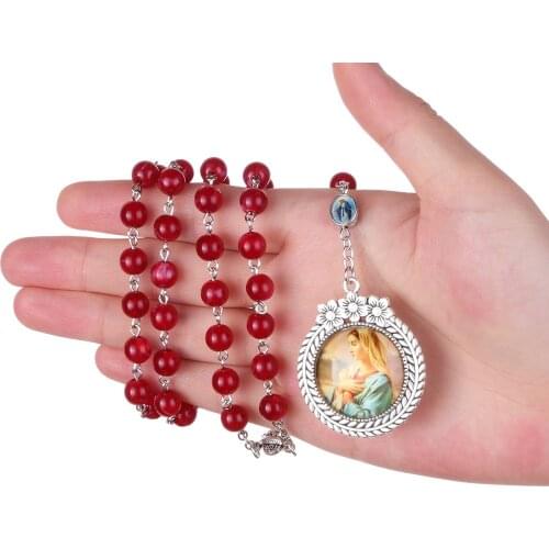Vintage Red Acrylic Rosary Bead Necklace Devotional Our Lady Virgin Mary Pendant Necklace Religious Catholic Prayer Jewelry Gift