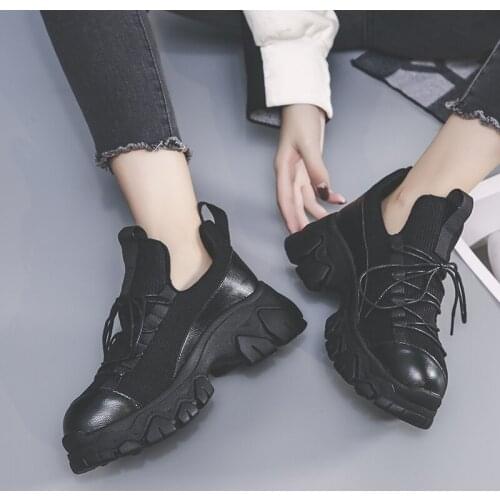 Spring New Female Casual Black Sneakers Wedge Heel Shoes Thick Bottom Net Red Fashion Atmosphere 2020