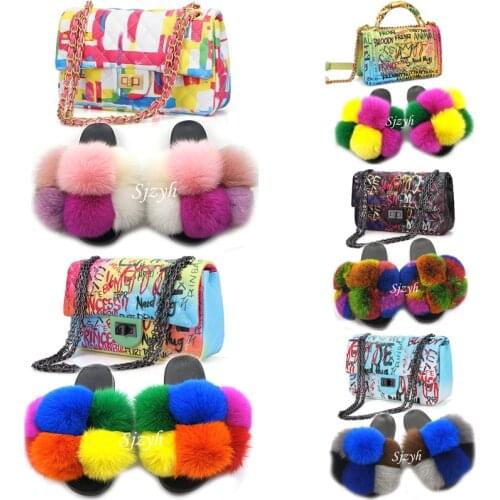 Womens Fox Fur Slippers Graffiti Wallet Shoes Sets Ladies Ball Furry Slides Chain Purse Female Jelly Bag Plush Sandals Handbag