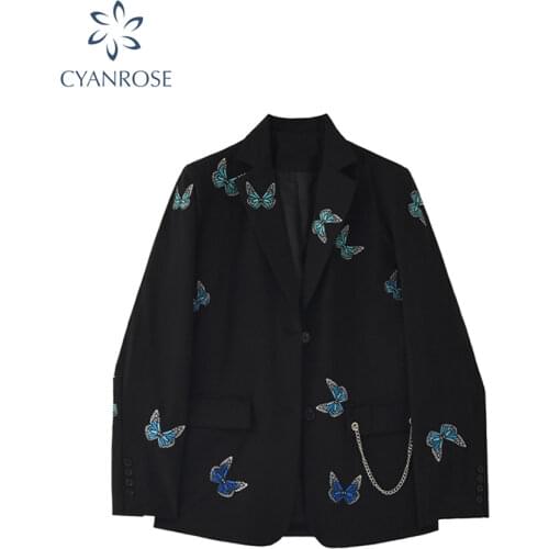 Autumn Winter Women Blazer long sleeve Coat Korean Style vintage gothic Harajuku Casual Pockets Black Jackets Notched Outerwear