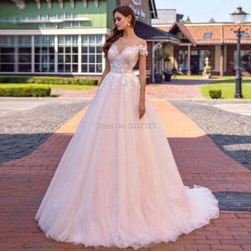 Sexy Illusion Neckline Romantic Pink Wedding Dresses With Ivory Appliques 2021 Long Pleated Sweetheart Buttons Back Bridal Gowns