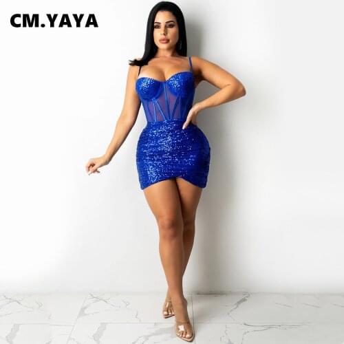 CM.YAYA Women Mini Dress Solid Mesh Sequins Strap Bodycon Dresses Sexy Night Club Party Vestidos Stylish Outfits Summer 2021