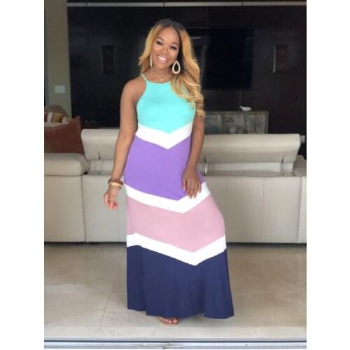 2021 Summer Long Dress Color Patchwork Printed Spaghetti Strap Long Dress Ladies Elegant Sleeveless Retro Sun Dress Robe New