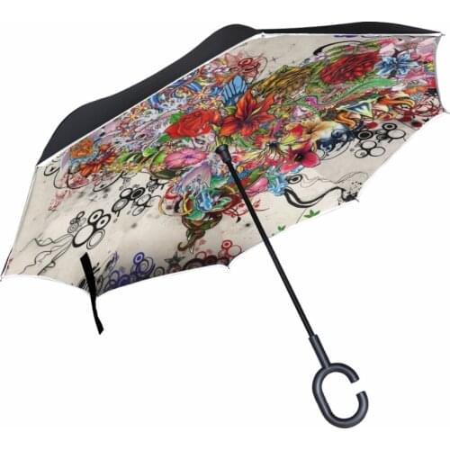 Windproof Floral Heart Art Pattern Reverse Umbrella Double Layer Inverted Umbrellas Self Stand C-Hook Umbrella