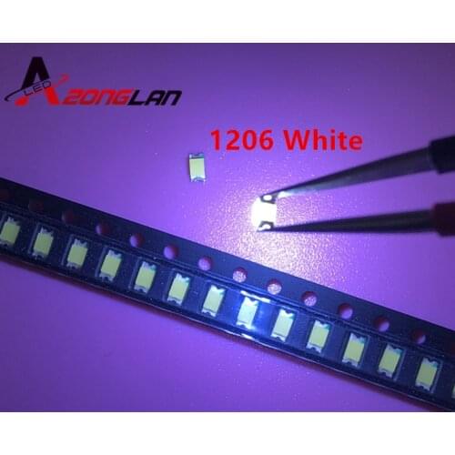 100 pcs SMD 1206 white Led 1206 smd white led Super bright Led light diode 5000-8000k 200-300mcd 3.0-3.6v