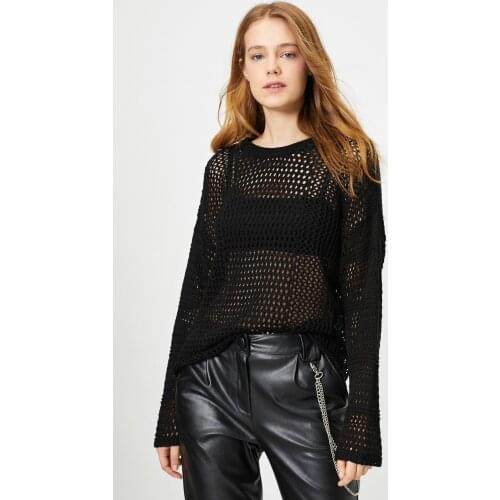 2021 Summer Women 100cotton Fit Black Perforated Sweater