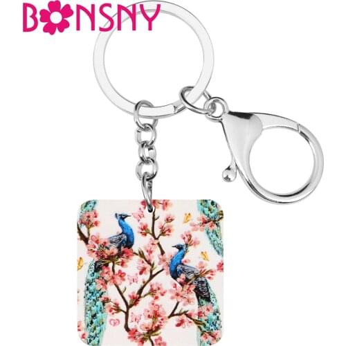 Bonsny Acrylic Square Flower Tree Peafowl Peacock Keychains Keyring Big Animal Key Chain Women Girls Teen Car Handbag Decoration