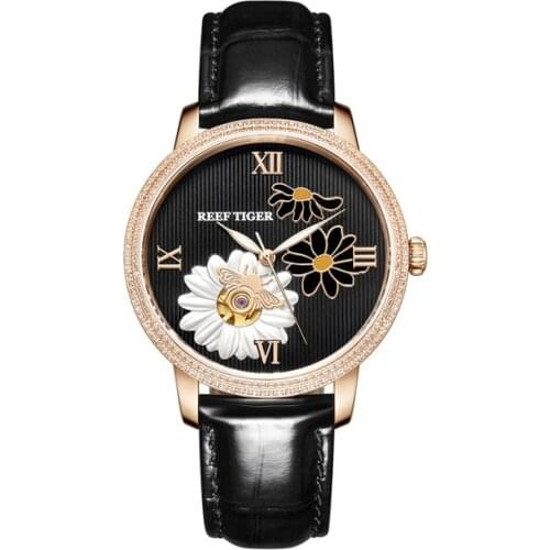 Women wrist watch,ladies watches Reef Tiger lady luxury automatic mechanical wristwatch skeleton dress clock leather strap reloj