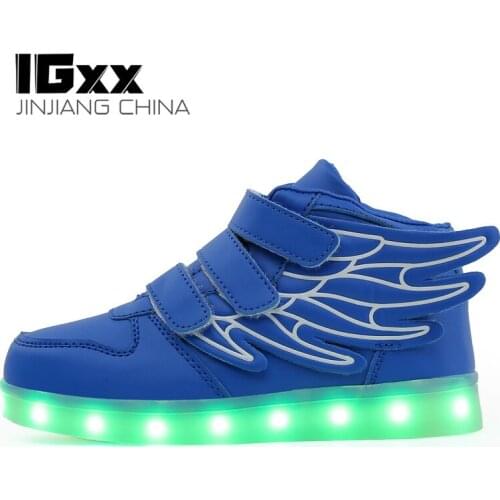 IGxx High Top LED Light Up Shoes For Kids Angel Wings USB Charging Glowing Shoes LED Child Luminous LED Sneakers Boys Blue