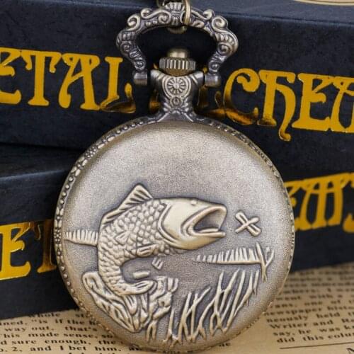 Engraved Fish Design Quartz Pocket Watch Clock Fish Tail Necklace Pendant Antique Watches Gifts for Men Women