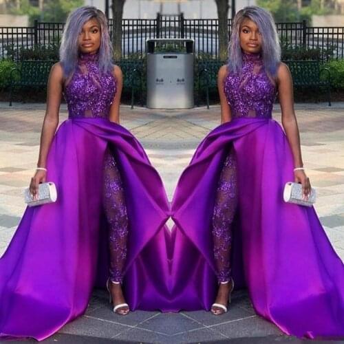 2019 Classic Jumpsuits Prom Dresses With Detachable Train High Neck Lace Appliqued Bead Luxury African Party Gowns