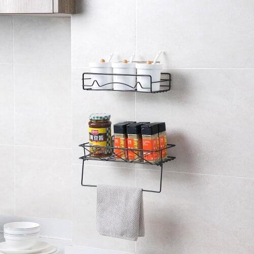 Kitchen Shelf Iron Wall Mounted Storage Shelf Towel Rack with Hooks Spices Jars Holder Towel Rack Bathroom Kitchen Organizer