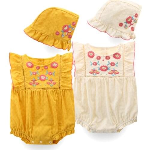 Summer Girls Bodysuit+Hat 2Pcs/set Baby Clothes Sets Cotton Linen Ruffles Sleeveless Embroidery Infant Newborn Clothes 0-2Y