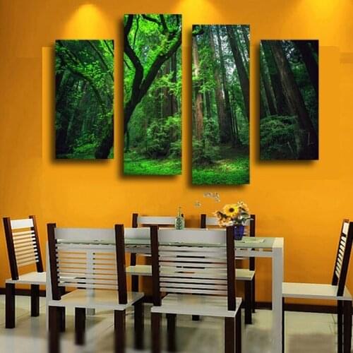 Hot Sells 4 Panels Oil Painting Green Forest Wall Canvas Art Home Decoration Living Room Print On Canvas Modern Modular Painting