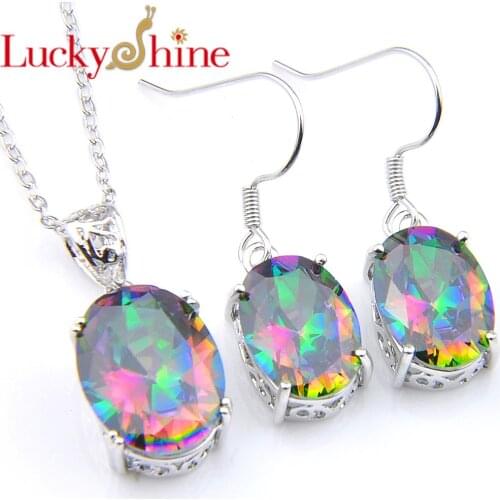 Luckyshine Mix 2PCS 1 Set Fire Classic Oval Shine Rainbow Mystic Cubic Zirconia Silver Pendants Earrings for Jewelry Sets