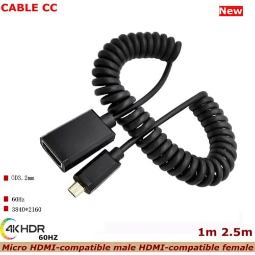 New 1m 2.5m 4K * 2K @ 60HZ OD 3.2mm 90 degree Micro HDMI male to HDMI female extension cable HDMI 2.0 spring HD video cable
