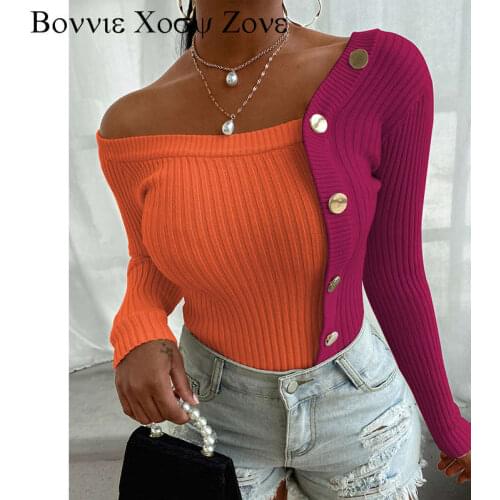 Autumn Winter Women Button Design Colorblock Studded Top Long Sleeve Knit Sweater Rib-knit Sexy Chic Sweater