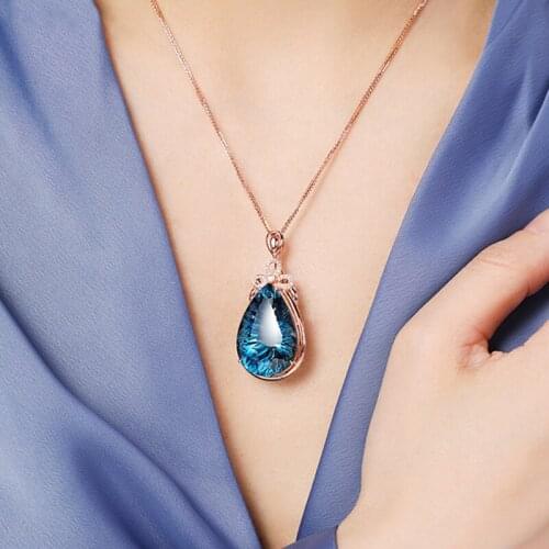 Sparkling Big Dark Blue Crystal Pendant Necklace Jewelry Women Fashion Silver Plated Necklace Gold Water-drop Choker Accessories