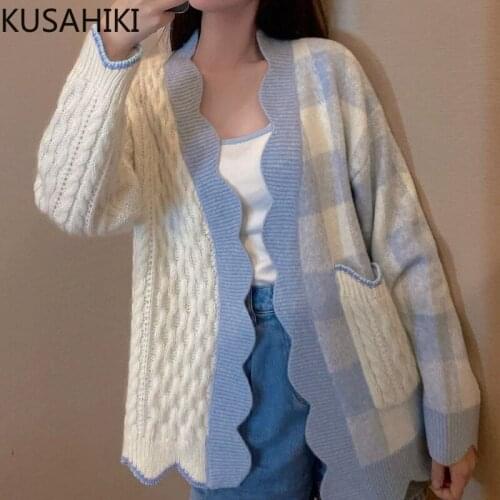 KUSAHIKI Causal V-neck Hit Color Plaid Knitted Cardigan Korean Long Sleeve Sweater Coat 2021 Autumn New Knitwear Jakcet 6Z174