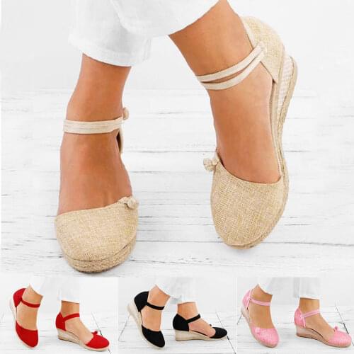 Patchwork Handmade Women Plain Linen Sandals Wedge Espadrilles 6cm Platforms Bohemian Shoes Women Ladies Summer Pumps