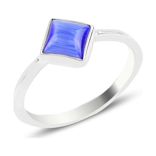 Silver 925 Set Navy Blue Cat Eye Square Engagement Ring