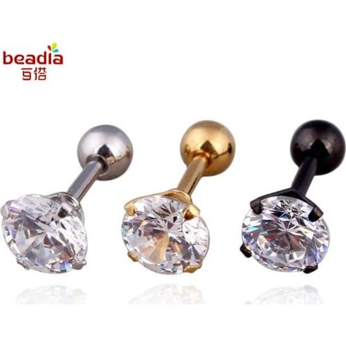 Hot Sale 1pc/bag 3/4/5/6mm 4 Colors Medical titanium needle True zircon Earrings Ear Piercing Cartiliage For DIY Party Earrings