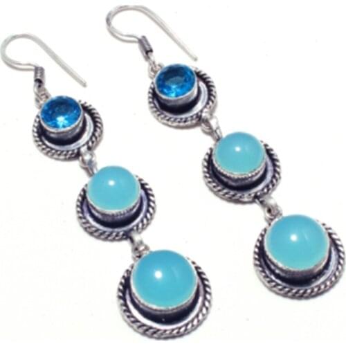 Genuine Chalcedony Silver Overlay on Copper Earrings , Hand made Women Jewelry Gift, E5260